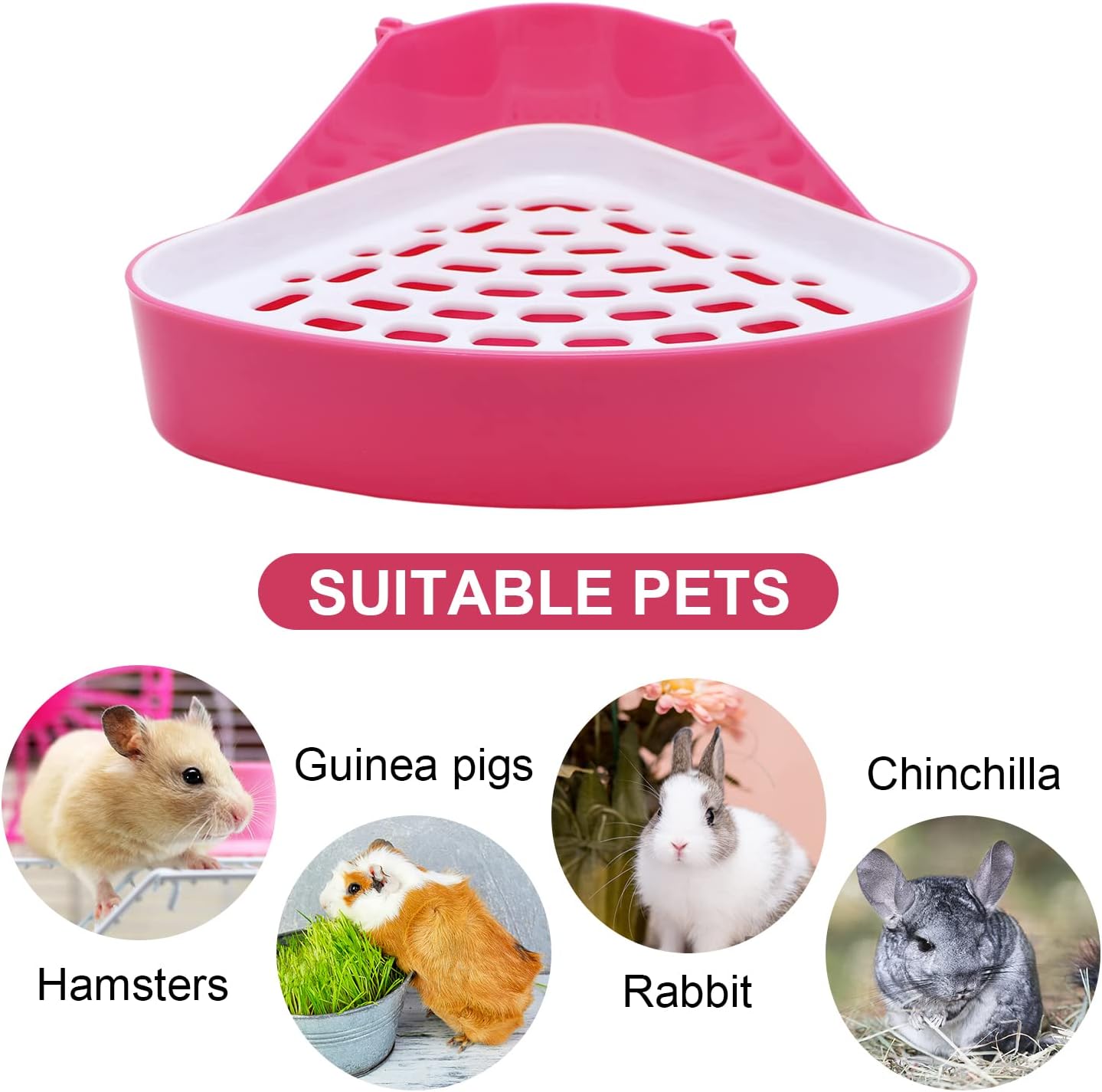 Rabbit Litter Box Toilet Bunny Corner Potty for Guinea Pigs, Pink | Sturdy plastic, 9.45"x7.09"x4.33" pan, scalloped splash guard, mesh drop-through design, easy rinse-clean, for small animal