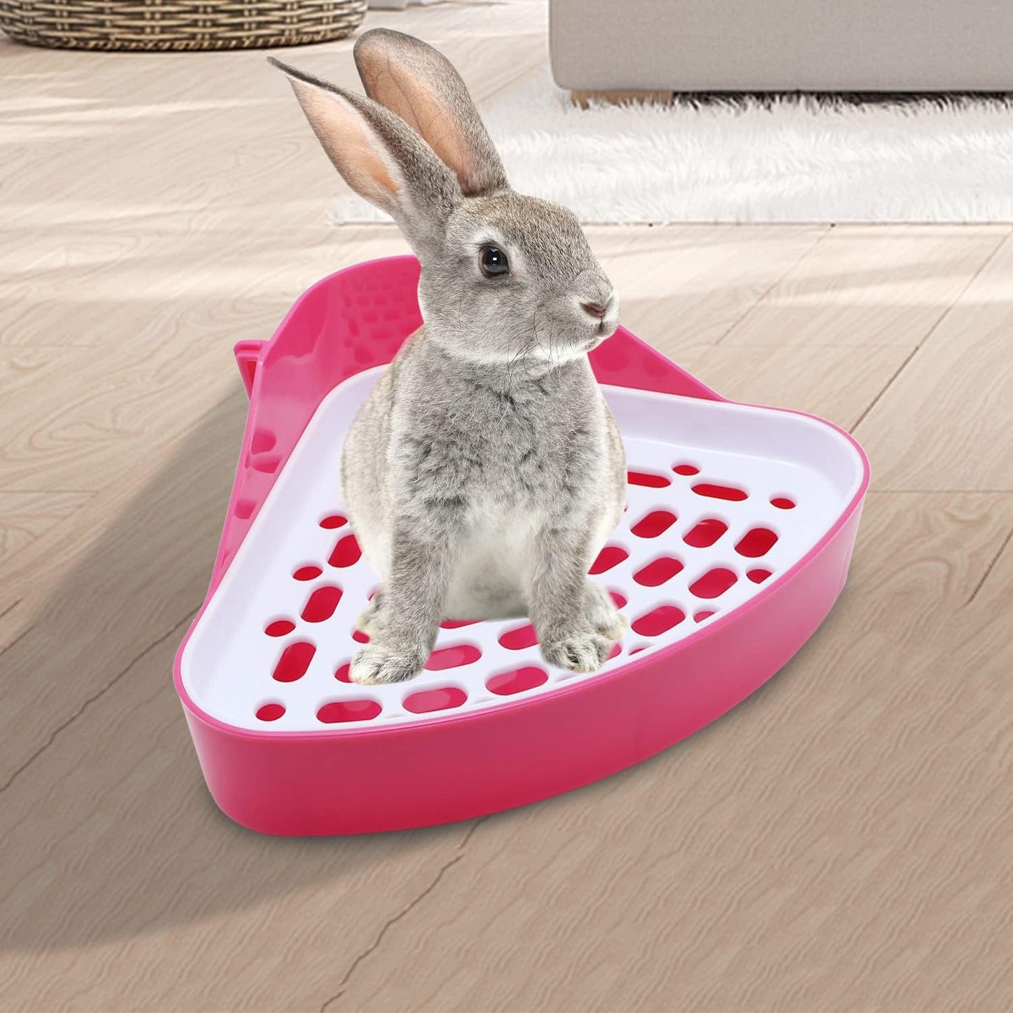 Rabbit Litter Box Toilet Bunny Corner Potty for Guinea Pigs, Pink | Sturdy plastic, 9.45"x7.09"x4.33" pan, scalloped splash guard, mesh drop-through design, easy rinse-clean, for small animal