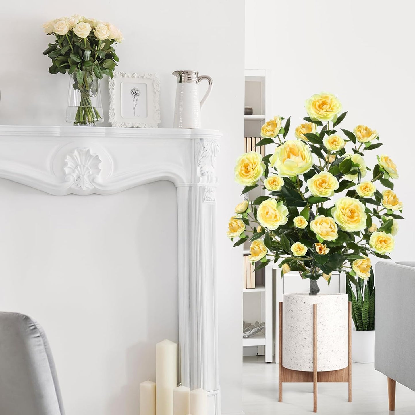 2 Pack 3ft Artificial Camellia Plants Tree 36" Faux Camellia Flower with Spike UV Resistant Realistic Fake Floral Blooming Bush for Indoor Outdoor Front Door Porch Backyard Garden, Yellow