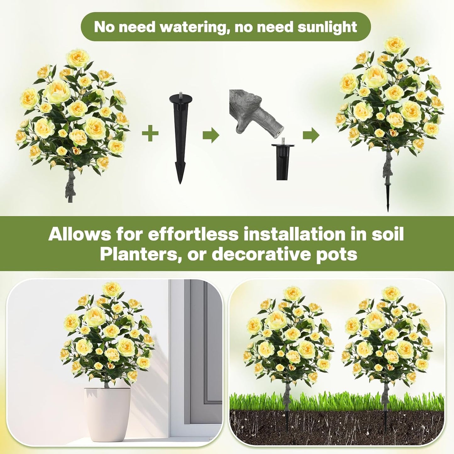 2 Pack 3ft Artificial Camellia Plants Tree 36" Faux Camellia Flower with Spike UV Resistant Realistic Fake Floral Blooming Bush for Indoor Outdoor Front Door Porch Backyard Garden, Yellow