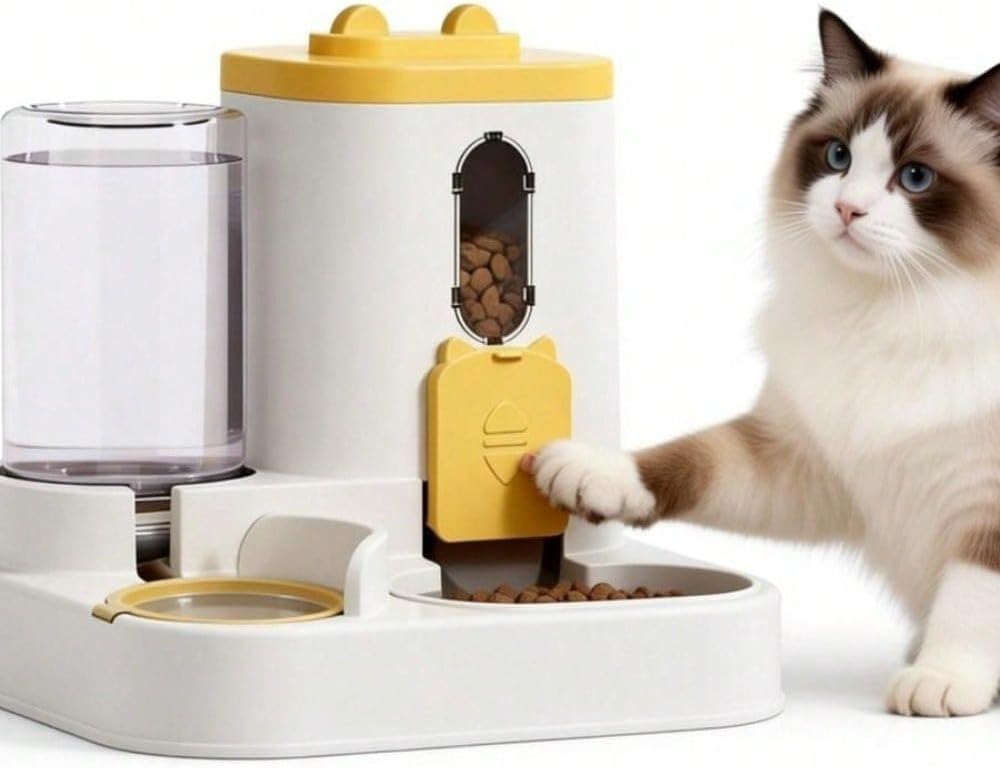 Dual Bowl Feeder and Water Dispenser for Pets – Automatic 2-in-1 Design with Large Capacity Food & Water Containers for Cats & Dogs, Gravity-Fed, Leak-Proof, Non-Slip Base, Easy Refill (Yellow)