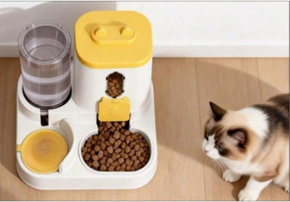 Dual Bowl Feeder and Water Dispenser for Pets – Automatic 2-in-1 Design with Large Capacity Food & Water Containers for Cats & Dogs, Gravity-Fed, Leak-Proof, Non-Slip Base, Easy Refill (Yellow)