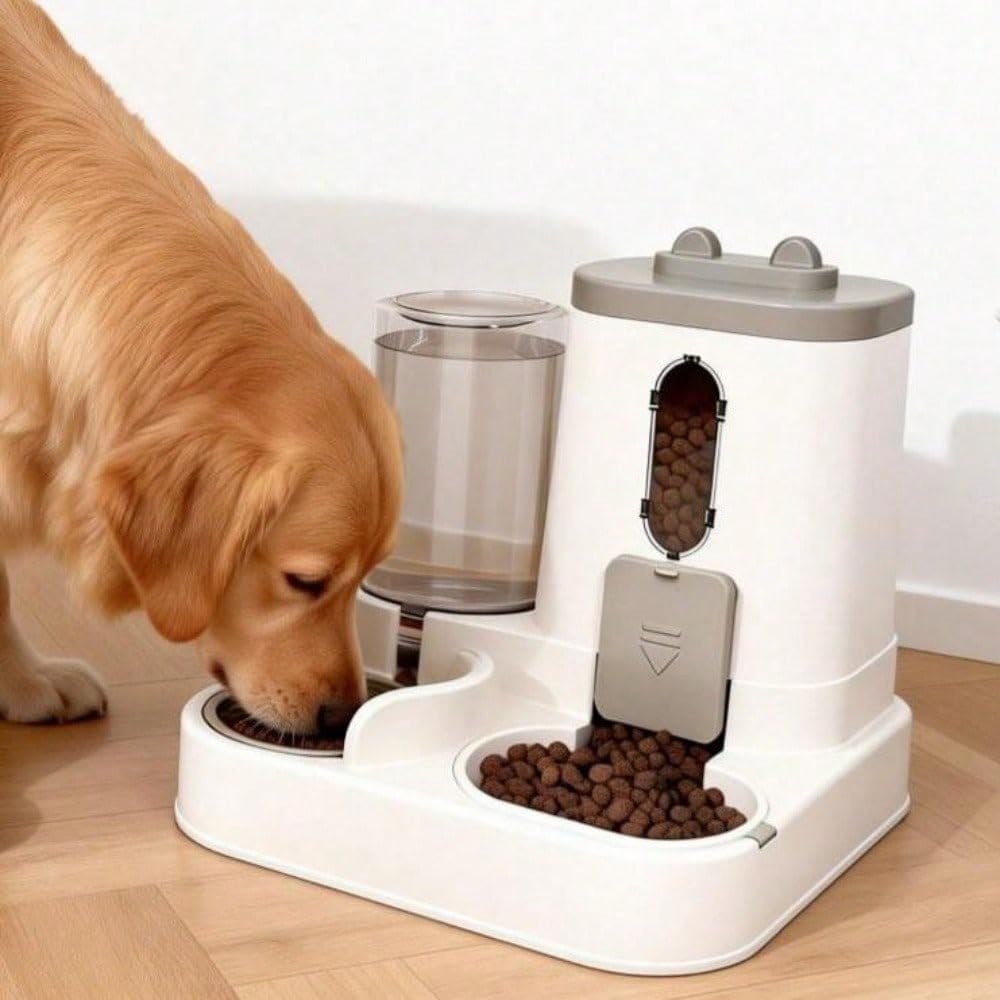 Dual Bowl Feeder and Water Dispenser for Pets – Automatic 2-in-1 Design with Large Capacity Food & Water Containers for Cats & Dogs, Gravity-Fed, Leak-Proof, Non-Slip Base, Easy Refill (Yellow)