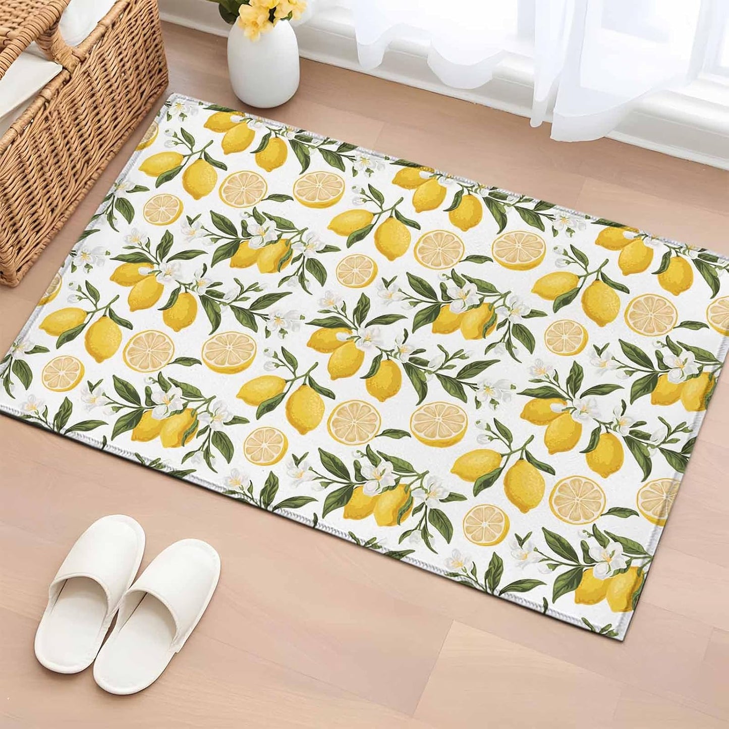 Summer Lemon Entryway Rug 2'x3', Hand Painted Lemon Small Area Rug Non-Slip Front Door Mat Washable Floor Carpet for Indoor Entrance Kitchen Bathroom