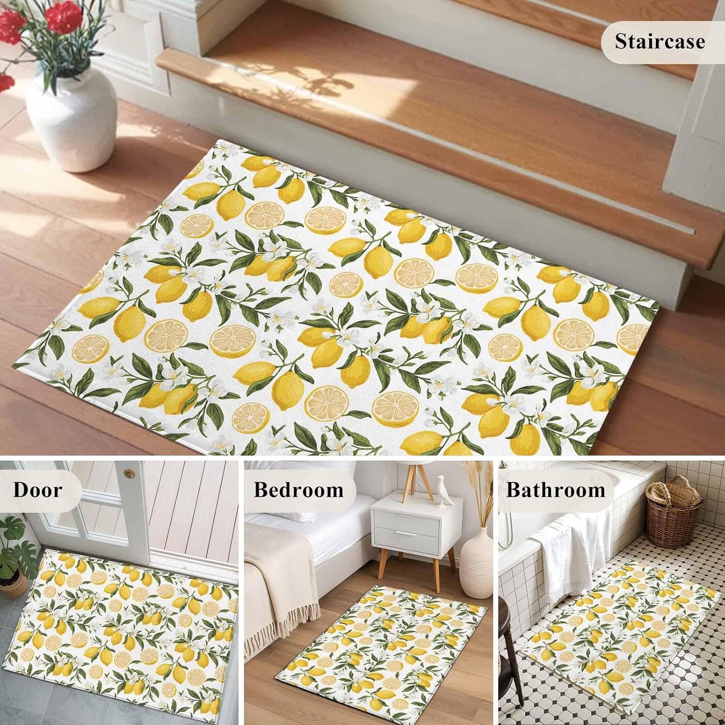 Summer Lemon Entryway Rug 2'x3', Hand Painted Lemon Small Area Rug Non-Slip Front Door Mat Washable Floor Carpet for Indoor Entrance Kitchen Bathroom