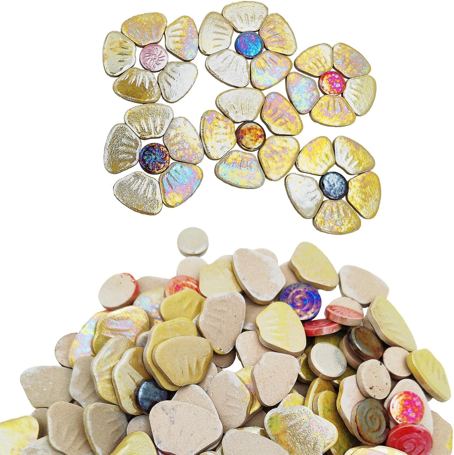 1.1lb Iridescent Flower Ceramic Mosaic Tiles for Crafts, 3 Size Flowers Porcelain Mosaic Pieces for Mosaic DIY,Plates, Flowerpots, Vases,Stepping Stones (Yellow)