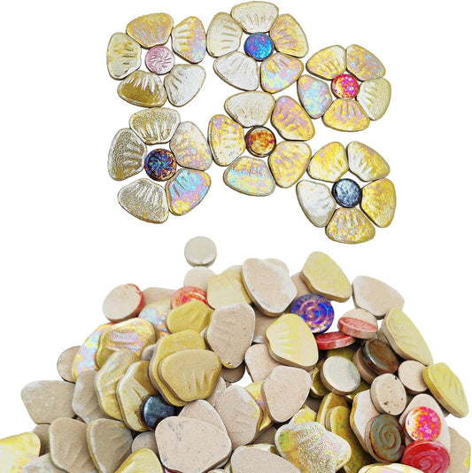 1.1lb Iridescent Flower Ceramic Mosaic Tiles for Crafts, 3 Size Flowers Porcelain Mosaic Pieces for Mosaic DIY,Plates, Flowerpots, Vases,Stepping Stones (Yellow)