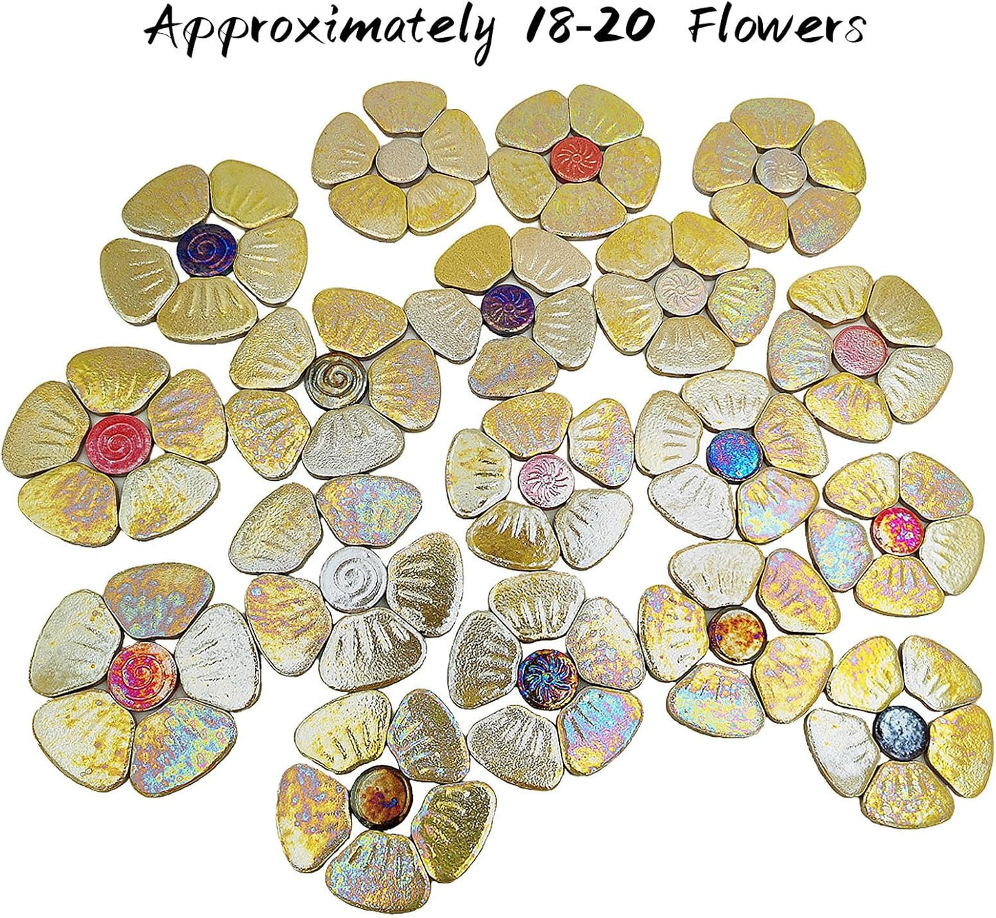1.1lb Iridescent Flower Ceramic Mosaic Tiles for Crafts, 3 Size Flowers Porcelain Mosaic Pieces for Mosaic DIY,Plates, Flowerpots, Vases,Stepping Stones (Yellow)