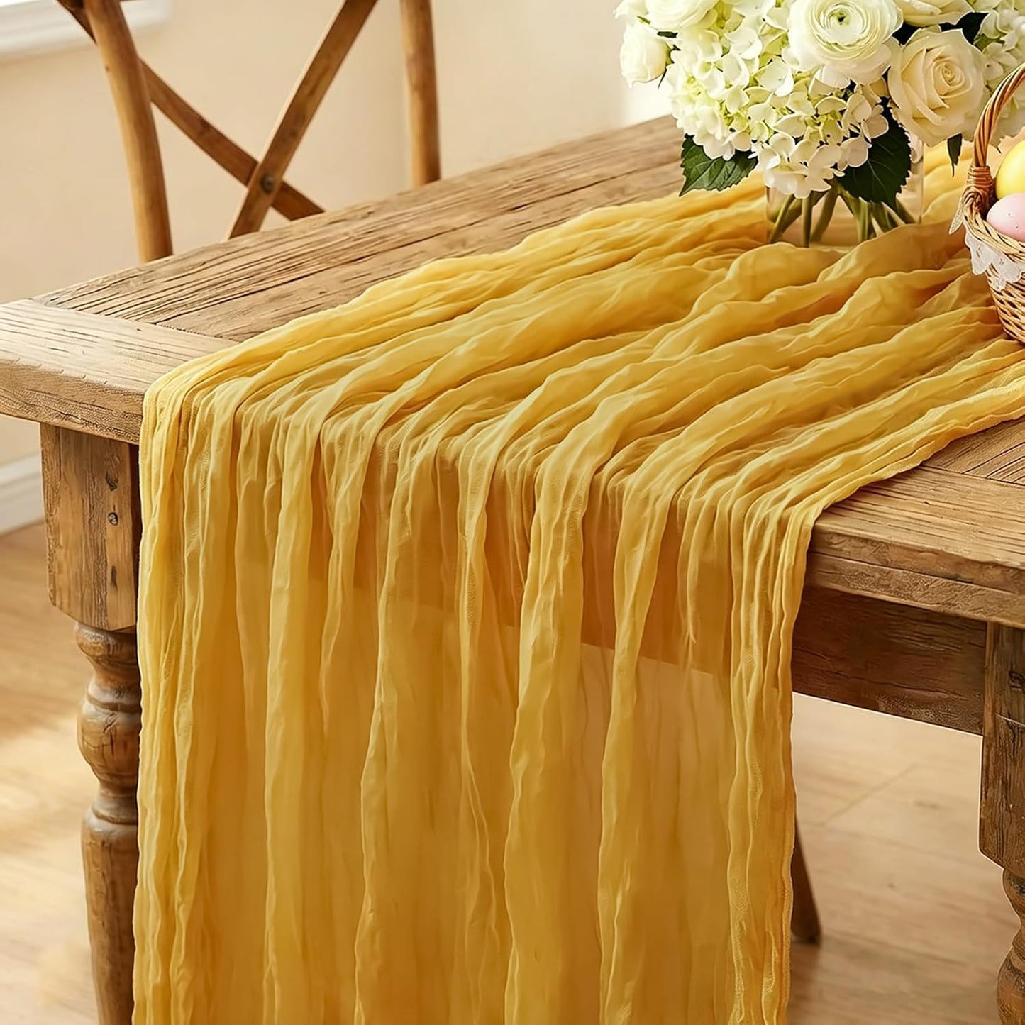 Yellow Cheesecloth Table Runner, 10FT Rustic Gold Boho Gauze Table Runner for Wedding Bridal Shower Baby Shower Birthday Tea Party Decorations