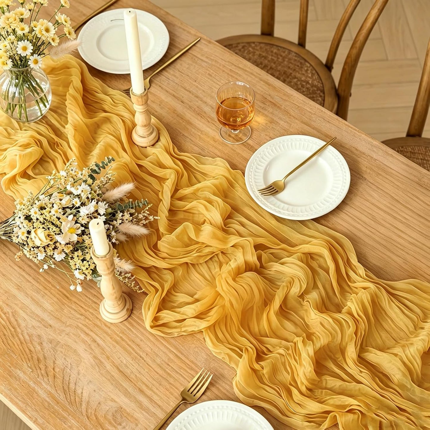 Yellow Cheesecloth Table Runner, 10FT Rustic Gold Boho Gauze Table Runner for Wedding Bridal Shower Baby Shower Birthday Tea Party Decorations