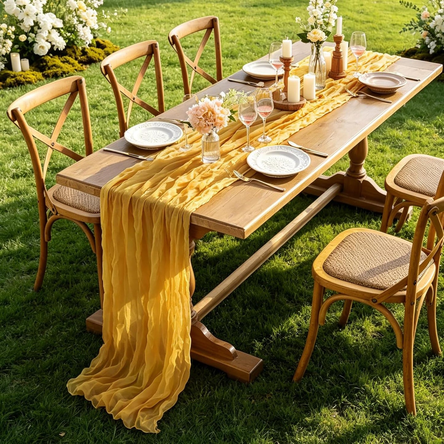 Yellow Cheesecloth Table Runner, 10FT Rustic Gold Boho Gauze Table Runner for Wedding Bridal Shower Baby Shower Birthday Tea Party Decorations