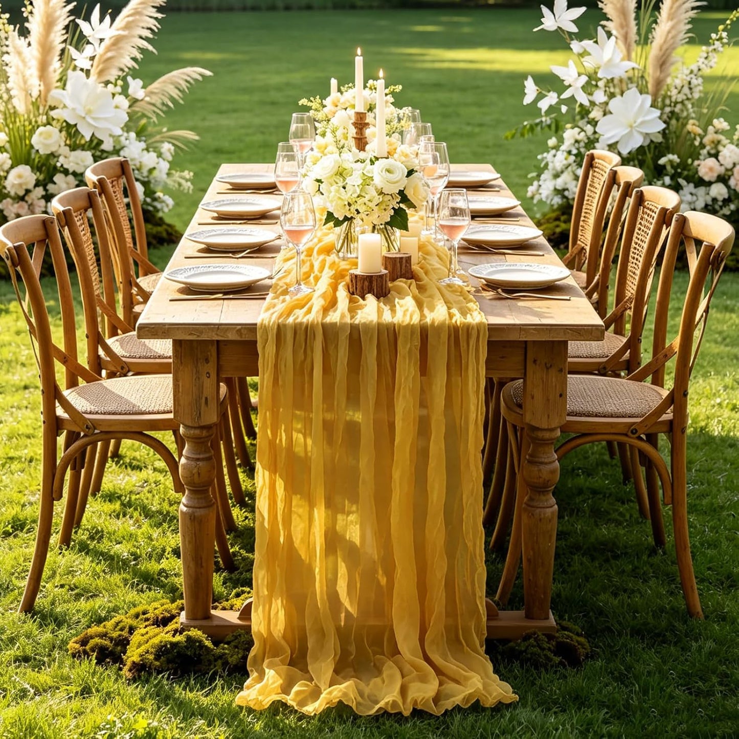 Yellow Cheesecloth Table Runner, 10FT Rustic Gold Boho Gauze Table Runner for Wedding Bridal Shower Baby Shower Birthday Tea Party Decorations