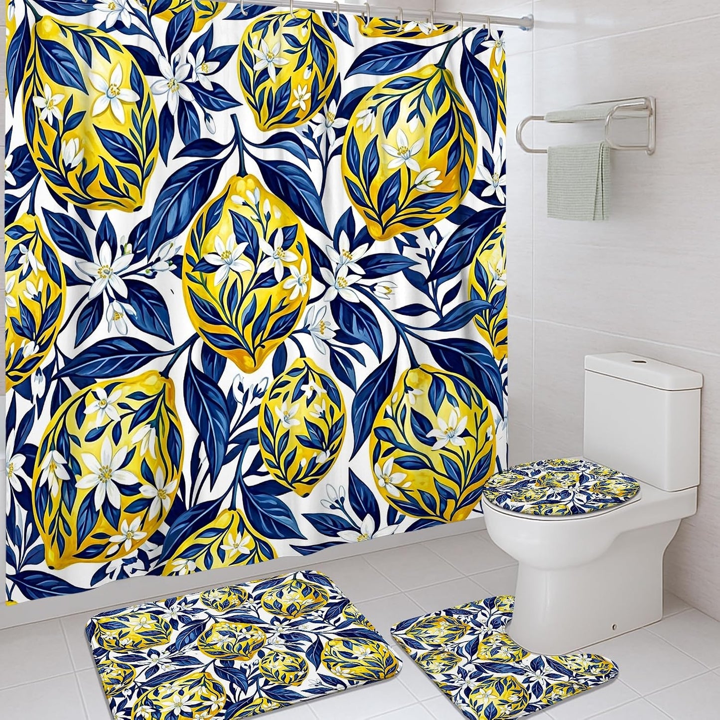 Lemon Shower Curtain Sets, Tropical Botanical Flower Leaf Summer Yellow Polyester Waterproof Bathroom Sets with Shower Curtain and Rugs for Bathtub Toile Guest Room Decor 72x72 Inch