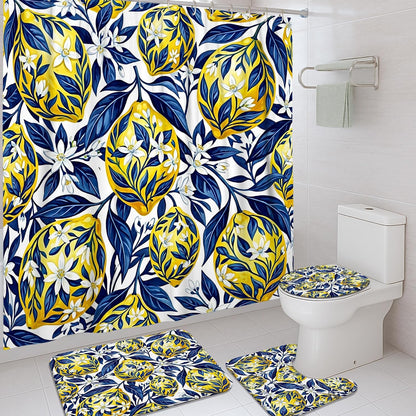 Lemon Shower Curtain Sets, Tropical Botanical Flower Leaf Summer Yellow Polyester Waterproof Bathroom Sets with Shower Curtain and Rugs for Bathtub Toile Guest Room Decor 72x72 Inch