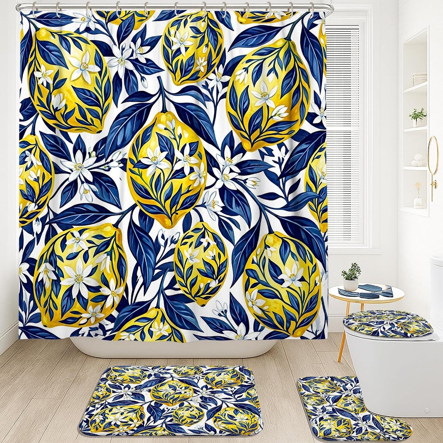 Lemon Shower Curtain Sets, Tropical Botanical Flower Leaf Summer Yellow Polyester Waterproof Bathroom Sets with Shower Curtain and Rugs for Bathtub Toile Guest Room Decor 72x72 Inch