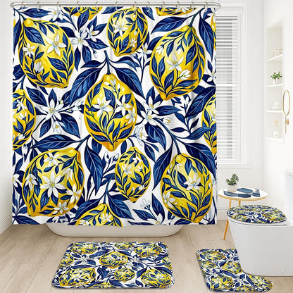 Lemon Shower Curtain Sets, Tropical Botanical Flower Leaf Summer Yellow Polyester Waterproof Bathroom Sets with Shower Curtain and Rugs for Bathtub Toile Guest Room Decor 72x72 Inch