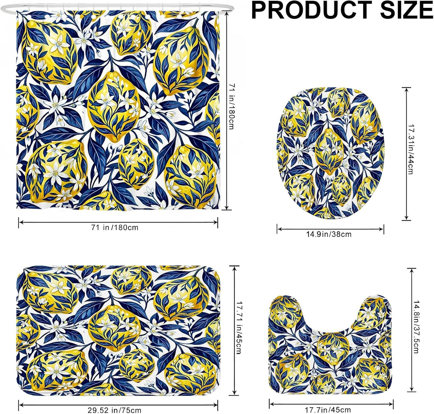 Lemon Shower Curtain Sets, Tropical Botanical Flower Leaf Summer Yellow Polyester Waterproof Bathroom Sets with Shower Curtain and Rugs for Bathtub Toile Guest Room Decor 72x72 Inch