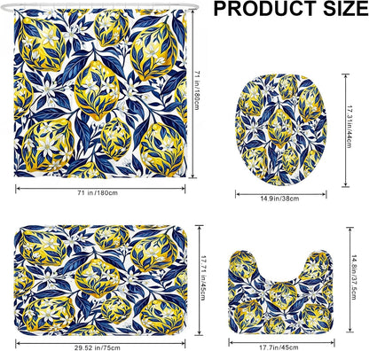 Lemon Shower Curtain Sets, Tropical Botanical Flower Leaf Summer Yellow Polyester Waterproof Bathroom Sets with Shower Curtain and Rugs for Bathtub Toile Guest Room Decor 72x72 Inch