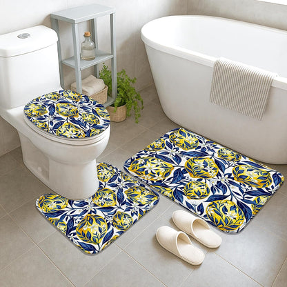 Lemon Shower Curtain Sets, Tropical Botanical Flower Leaf Summer Yellow Polyester Waterproof Bathroom Sets with Shower Curtain and Rugs for Bathtub Toile Guest Room Decor 72x72 Inch
