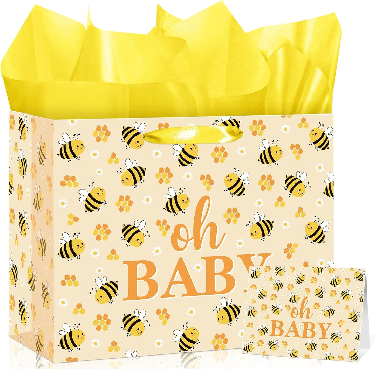 Bee Baby Gift Bag with Card Tissue Papers, Bee Baby Shower Wrapping Paper Bag Yellow Oh Baby Present Bags for Newborn Congratulations Gifts Gender Neutral Party Favors