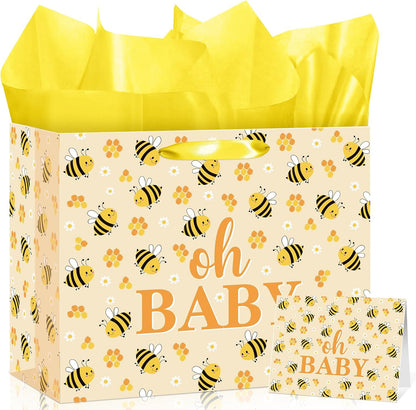 Bee Baby Gift Bag with Card Tissue Papers, Bee Baby Shower Wrapping Paper Bag Yellow Oh Baby Present Bags for Newborn Congratulations Gifts Gender Neutral Party Favors