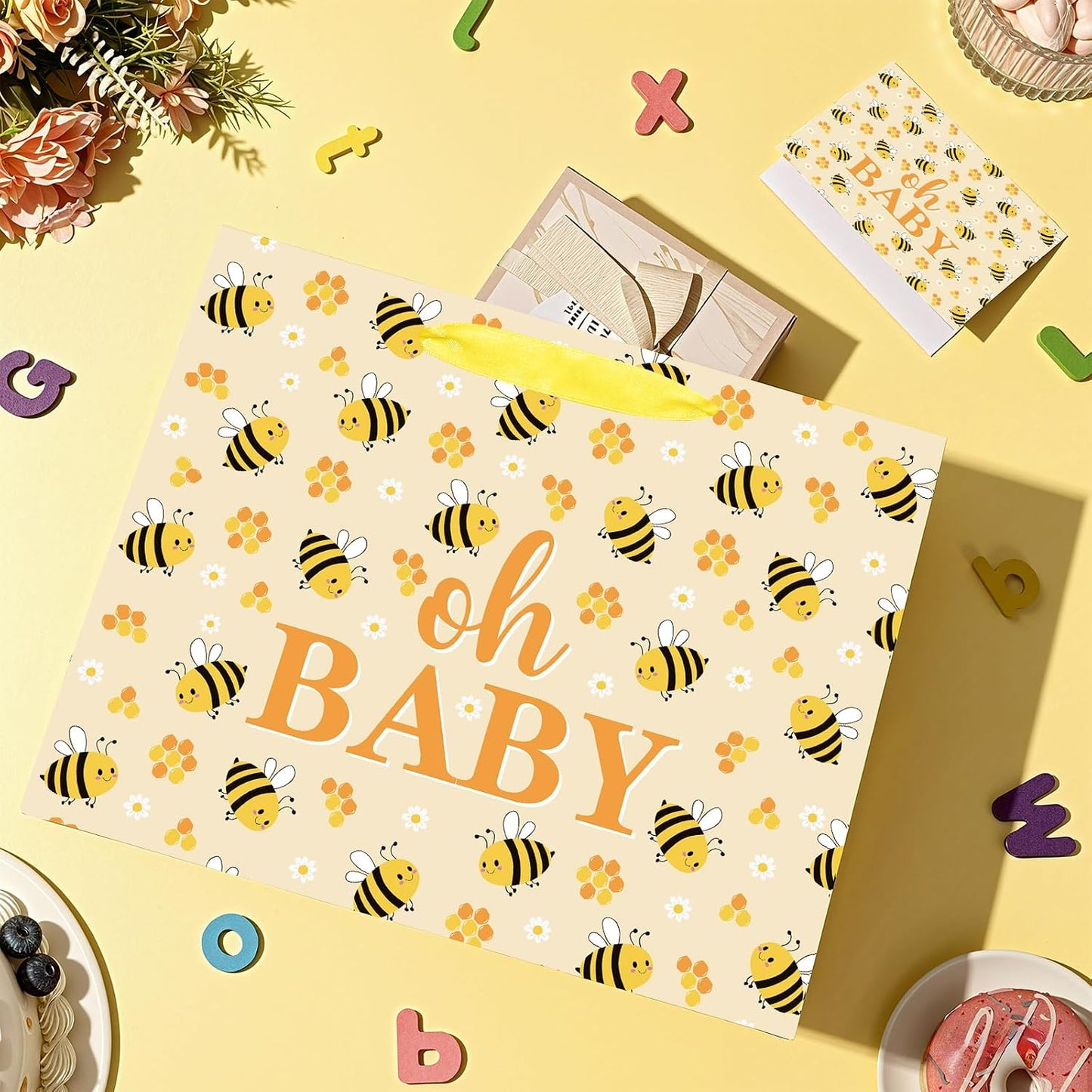 Bee Baby Gift Bag with Card Tissue Papers, Bee Baby Shower Wrapping Paper Bag Yellow Oh Baby Present Bags for Newborn Congratulations Gifts Gender Neutral Party Favors
