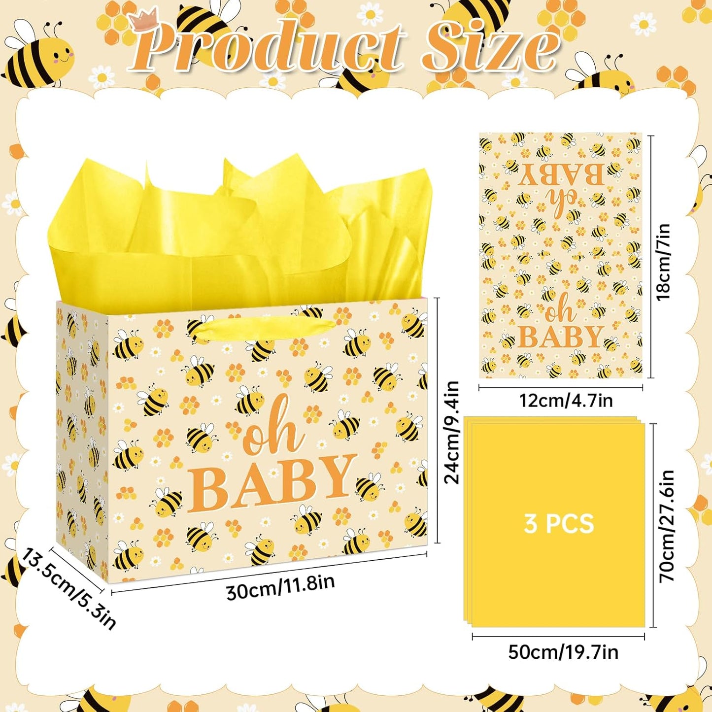 Bee Baby Gift Bag with Card Tissue Papers, Bee Baby Shower Wrapping Paper Bag Yellow Oh Baby Present Bags for Newborn Congratulations Gifts Gender Neutral Party Favors