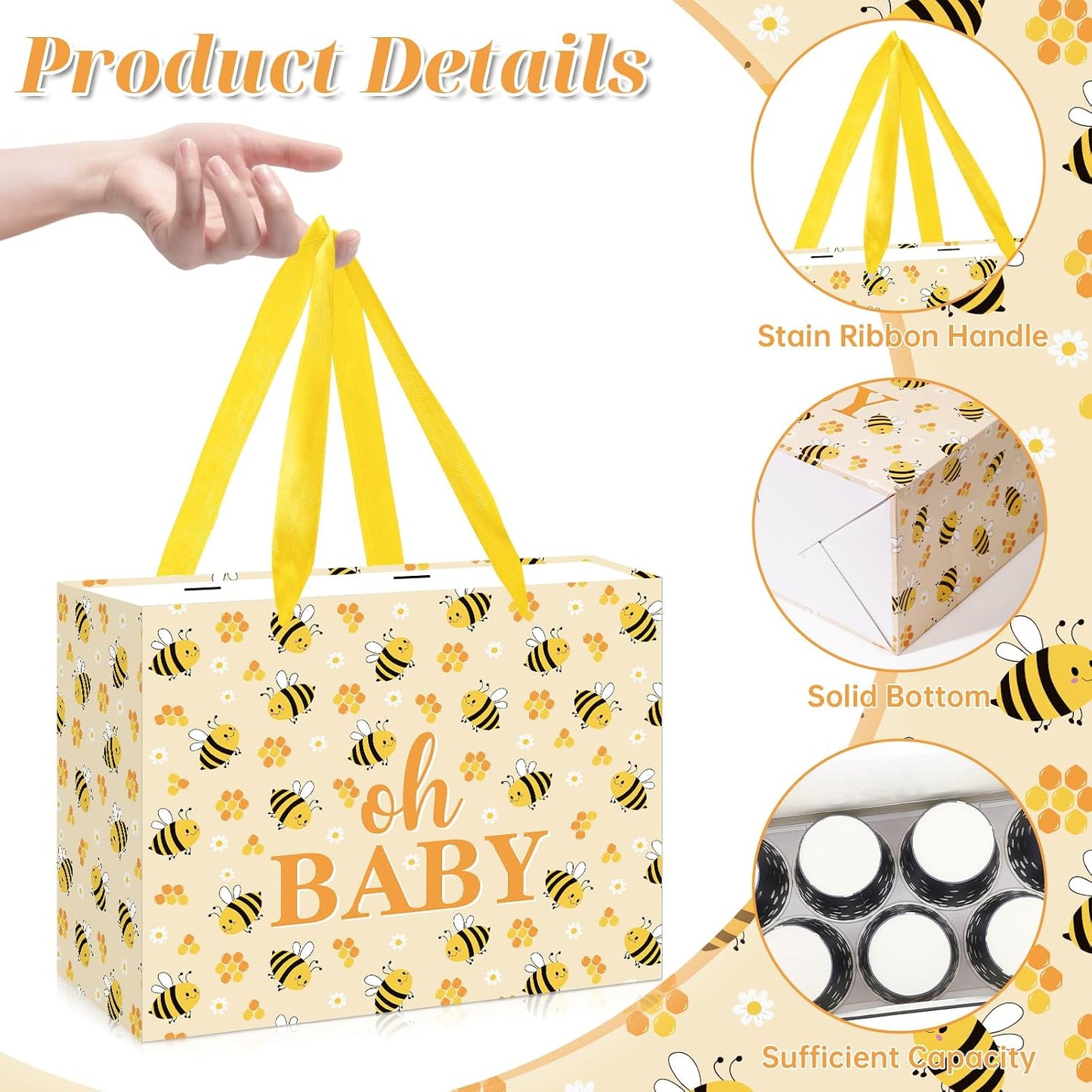 Bee Baby Gift Bag with Card Tissue Papers, Bee Baby Shower Wrapping Paper Bag Yellow Oh Baby Present Bags for Newborn Congratulations Gifts Gender Neutral Party Favors