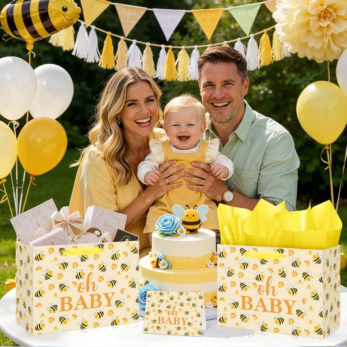 Bee Baby Gift Bag with Card Tissue Papers, Bee Baby Shower Wrapping Paper Bag Yellow Oh Baby Present Bags for Newborn Congratulations Gifts Gender Neutral Party Favors