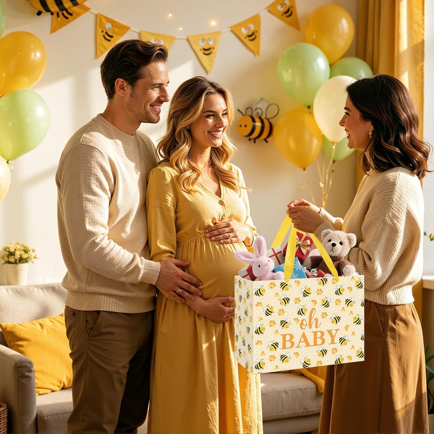 Bee Baby Gift Bag with Card Tissue Papers, Bee Baby Shower Wrapping Paper Bag Yellow Oh Baby Present Bags for Newborn Congratulations Gifts Gender Neutral Party Favors