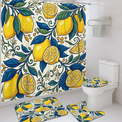 Lemon Shower Curtain Sets, Summer Tropical Leaf Flower Summer Yellow Waterproof Fabric Bathroom Set with Print Cloth Curtains and Rugs for Bath Bathtub Apartment Decor 72x72 Inch