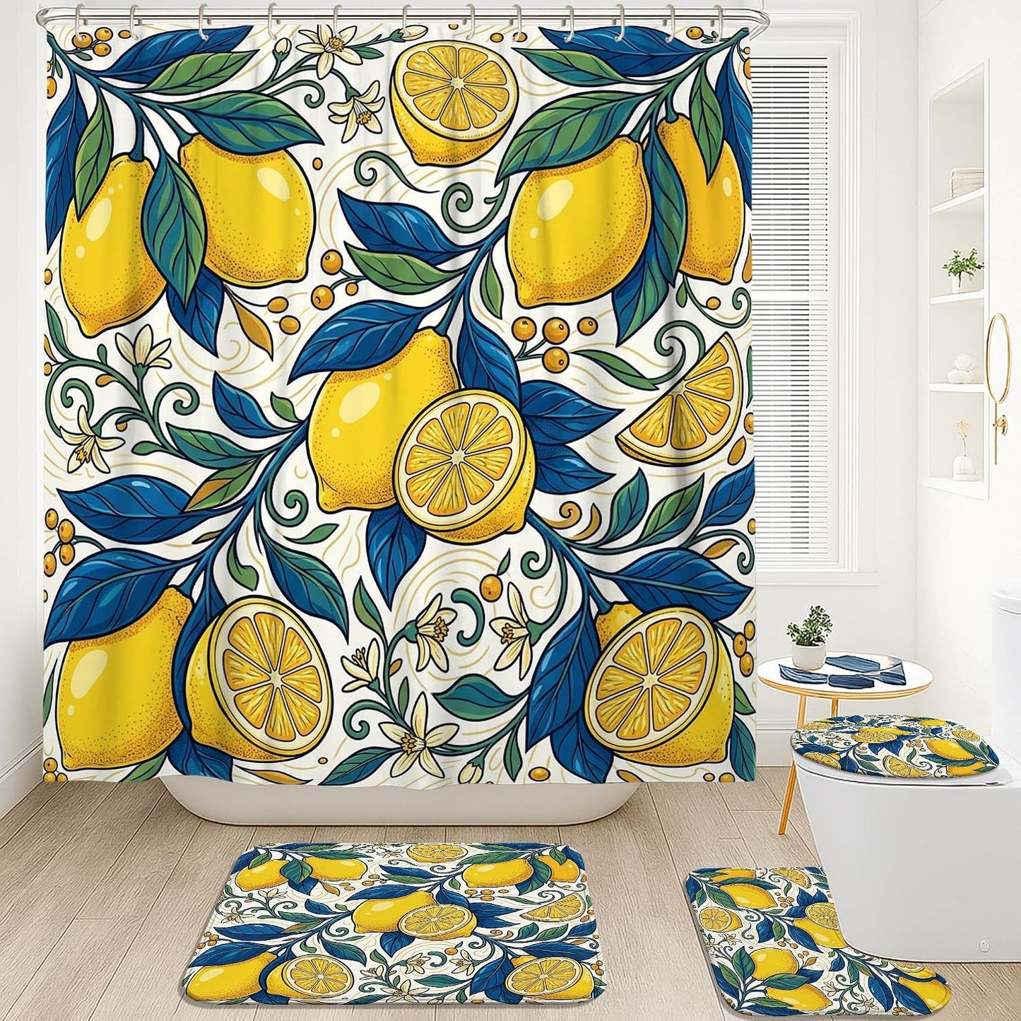 Lemon Shower Curtain Sets, Summer Tropical Leaf Flower Summer Yellow Waterproof Fabric Bathroom Set with Print Cloth Curtains and Rugs for Bath Bathtub Apartment Decor 72x72 Inch