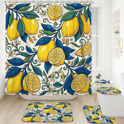 Lemon Shower Curtain Sets, Summer Tropical Leaf Flower Summer Yellow Waterproof Fabric Bathroom Set with Print Cloth Curtains and Rugs for Bath Bathtub Apartment Decor 72x72 Inch