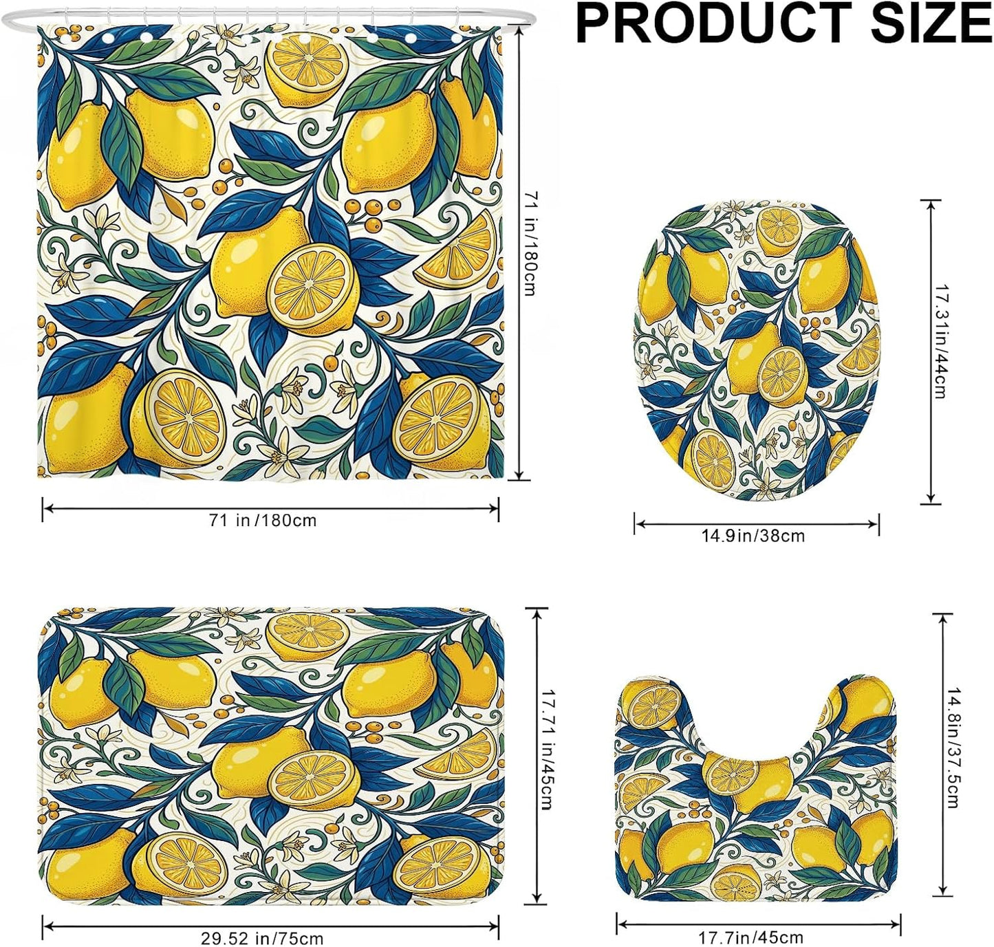 Lemon Shower Curtain Sets, Summer Tropical Leaf Flower Summer Yellow Waterproof Fabric Bathroom Set with Print Cloth Curtains and Rugs for Bath Bathtub Apartment Decor 72x72 Inch