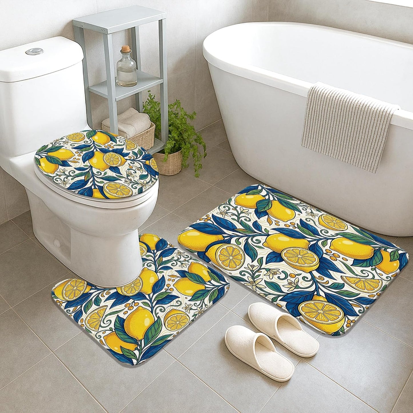 Lemon Shower Curtain Sets, Summer Tropical Leaf Flower Summer Yellow Waterproof Fabric Bathroom Set with Print Cloth Curtains and Rugs for Bath Bathtub Apartment Decor 72x72 Inch