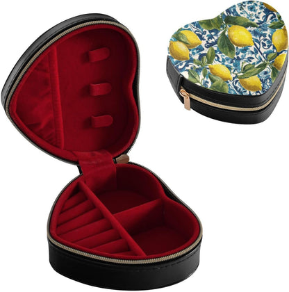 Heart-Shaped Travel Jewelry Box - Lemon Motifs Portable Organizer for Necklaces, Rings, Earrings, Bracelets | Gift Storage Case#561