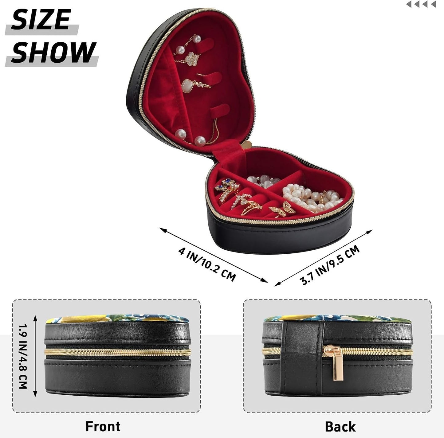 Heart-Shaped Travel Jewelry Box - Lemon Motifs Portable Organizer for Necklaces, Rings, Earrings, Bracelets | Gift Storage Case#561