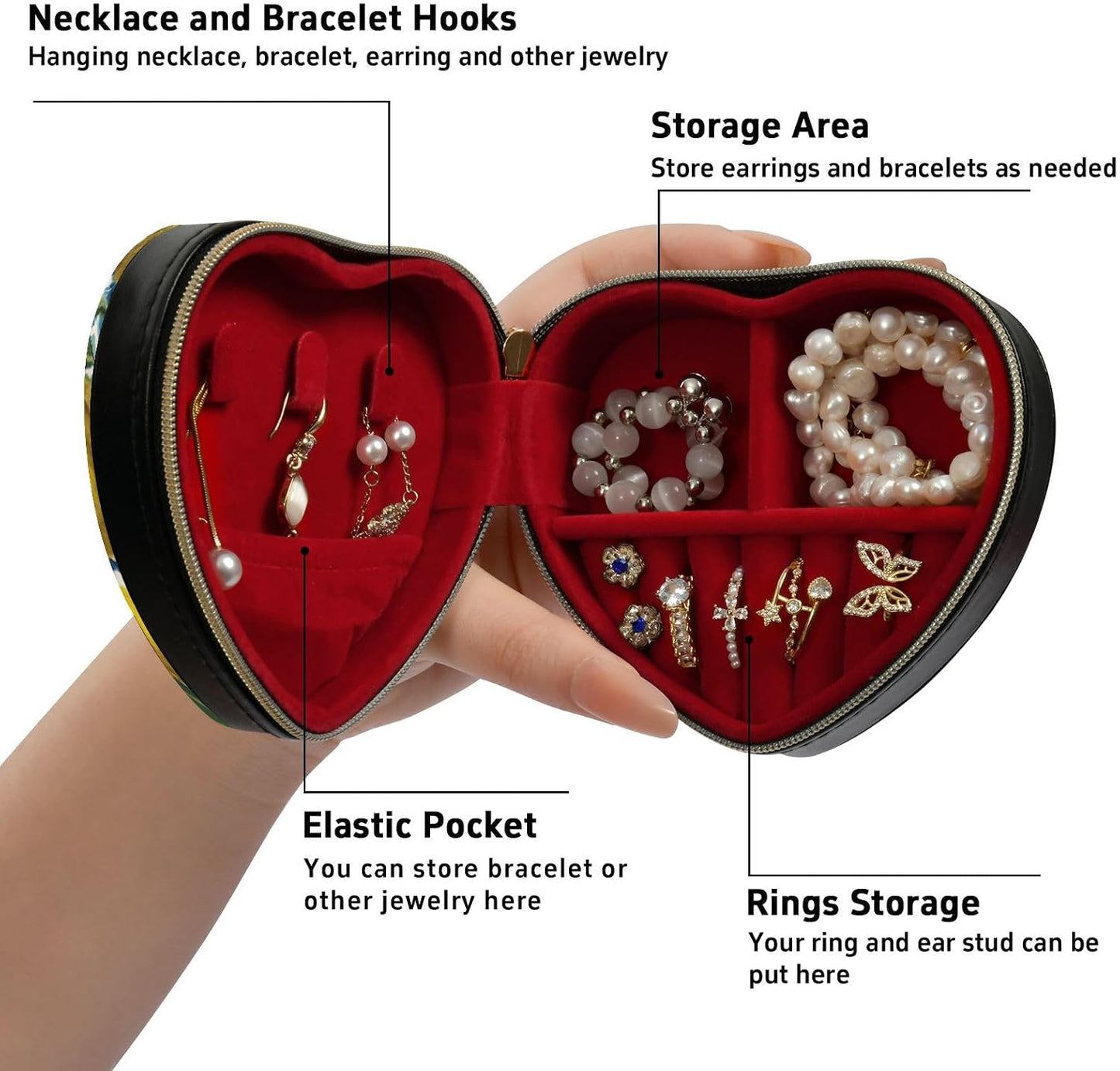 Heart-Shaped Travel Jewelry Box - Lemon Motifs Portable Organizer for Necklaces, Rings, Earrings, Bracelets | Gift Storage Case#561