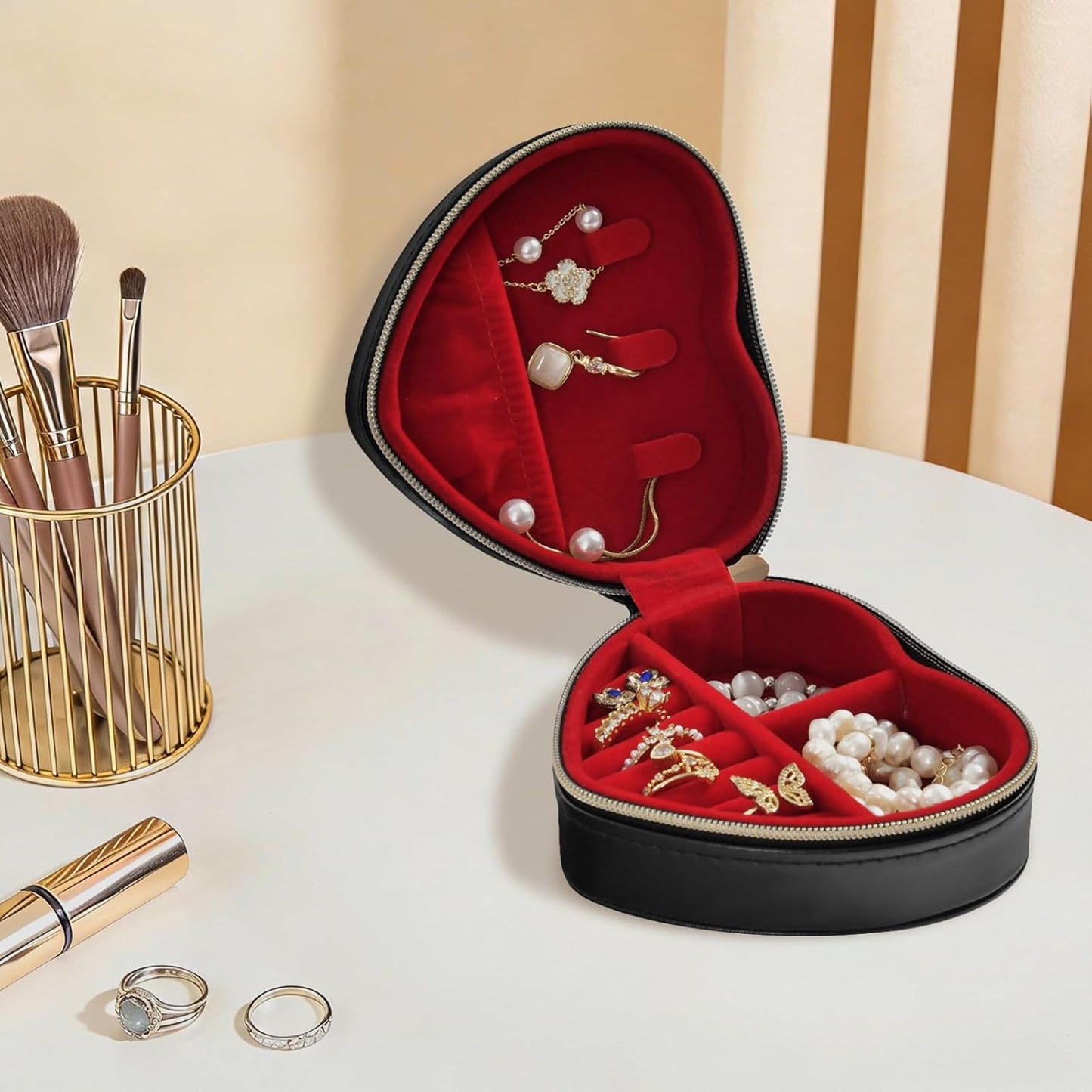 Heart-Shaped Travel Jewelry Box - Lemon Motifs Portable Organizer for Necklaces, Rings, Earrings, Bracelets | Gift Storage Case#561
