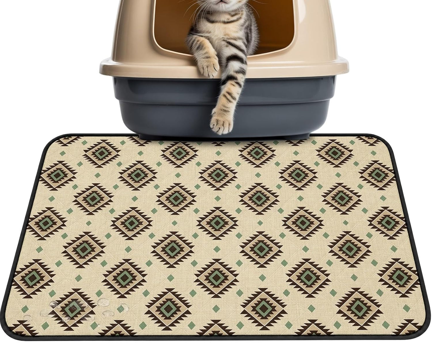 Boho Cat Litter Mat 24x18, Bohemian Southwestern Tiles Texture Yellow Kitty Litter Box mat for Cat Machine Washable Easy Clean Soft Non-Slip Pet Food Mats for Floor Rug