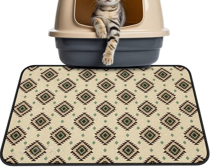 Boho Cat Litter Mat 24x18, Bohemian Southwestern Tiles Texture Yellow Kitty Litter Box mat for Cat Machine Washable Easy Clean Soft Non-Slip Pet Food Mats for Floor Rug