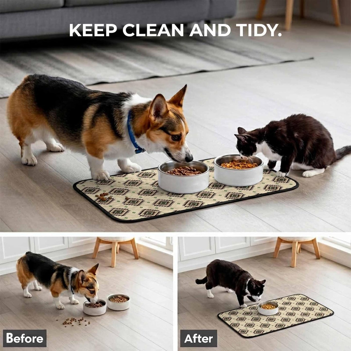 Boho Cat Litter Mat 24x18, Bohemian Southwestern Tiles Texture Yellow Kitty Litter Box mat for Cat Machine Washable Easy Clean Soft Non-Slip Pet Food Mats for Floor Rug