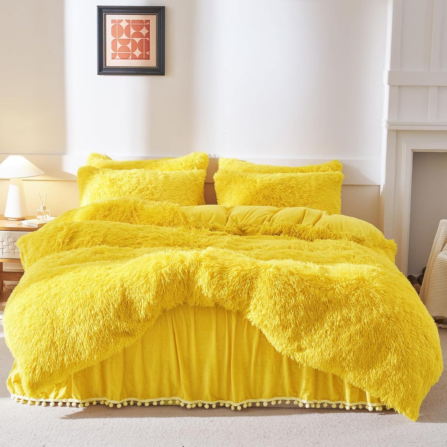 Fluffy Plush Yellow Comforter Cover Set, Luxury Ultra Soft Faux Fur Duvet Cover 3 Pieces (1 Fuzzy Duvet Cover + 2 Shaggy Pillowcases), Zipper Closure (Queen, Yellow)
