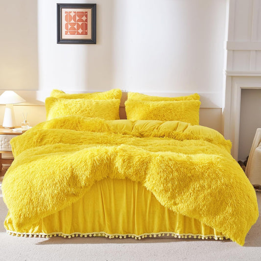 Fluffy Plush Yellow Comforter Cover Set, Luxury Ultra Soft Faux Fur Duvet Cover 3 Pieces (1 Fuzzy Duvet Cover + 2 Shaggy Pillowcases), Zipper Closure (Queen, Yellow)