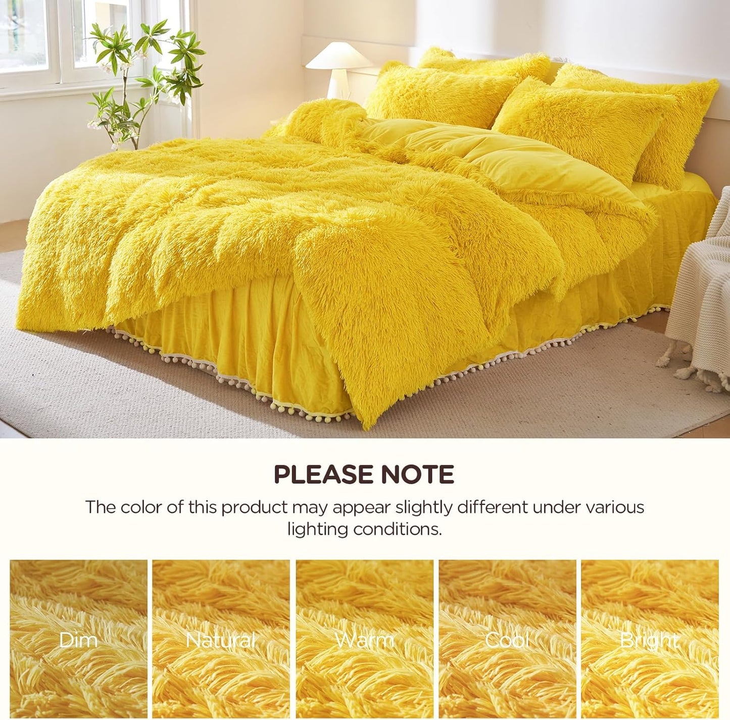 Fluffy Plush Yellow Comforter Cover Set, Luxury Ultra Soft Faux Fur Duvet Cover 3 Pieces (1 Fuzzy Duvet Cover + 2 Shaggy Pillowcases), Zipper Closure (Queen, Yellow)