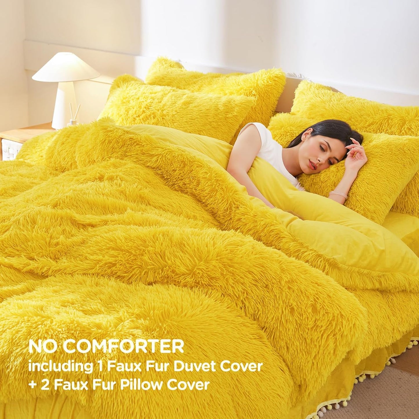 Fluffy Plush Yellow Comforter Cover Set, Luxury Ultra Soft Faux Fur Duvet Cover 3 Pieces (1 Fuzzy Duvet Cover + 2 Shaggy Pillowcases), Zipper Closure (Queen, Yellow)
