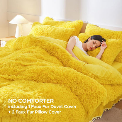 Fluffy Plush Yellow Comforter Cover Set, Luxury Ultra Soft Faux Fur Duvet Cover 3 Pieces (1 Fuzzy Duvet Cover + 2 Shaggy Pillowcases), Zipper Closure (Queen, Yellow)