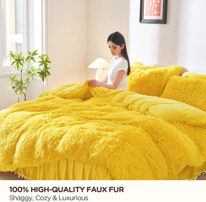 Fluffy Plush Yellow Comforter Cover Set, Luxury Ultra Soft Faux Fur Duvet Cover 3 Pieces (1 Fuzzy Duvet Cover + 2 Shaggy Pillowcases), Zipper Closure (Queen, Yellow)