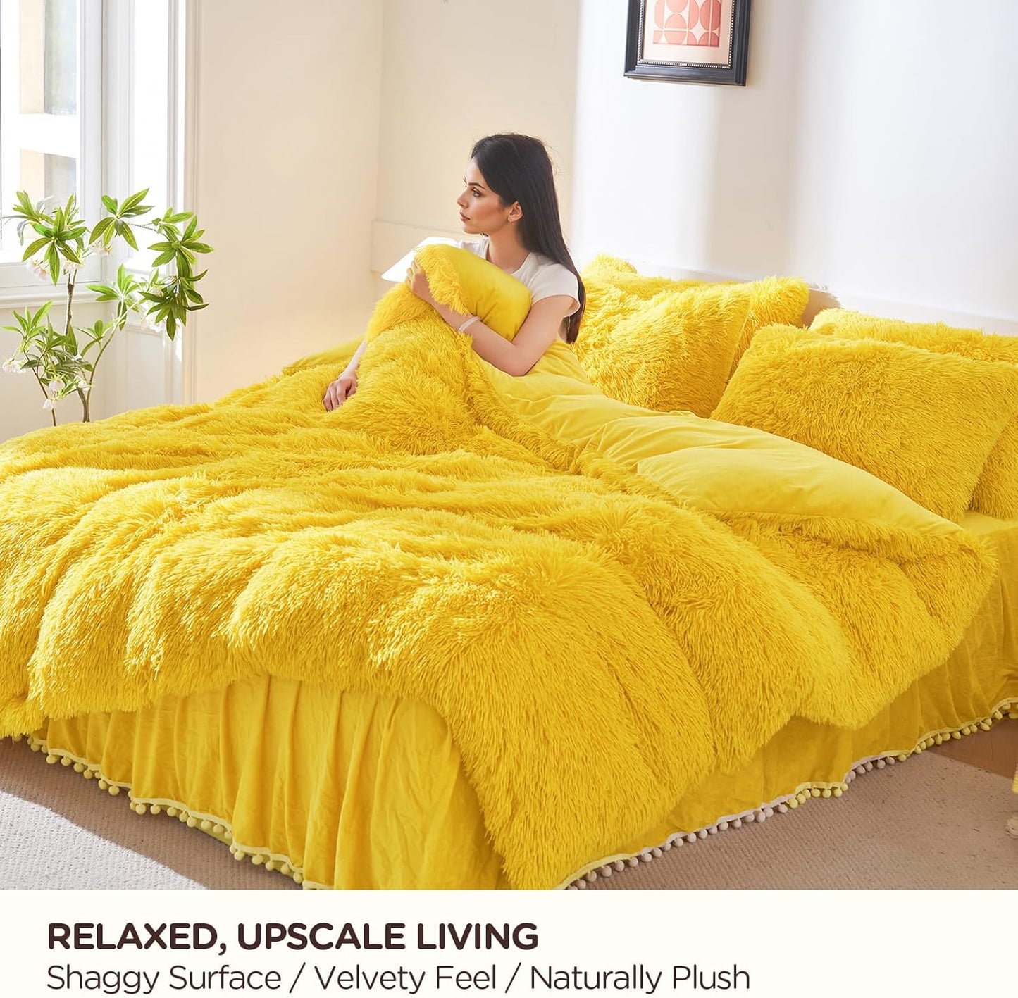 Fluffy Plush Yellow Comforter Cover Set, Luxury Ultra Soft Faux Fur Duvet Cover 3 Pieces (1 Fuzzy Duvet Cover + 2 Shaggy Pillowcases), Zipper Closure (Queen, Yellow)
