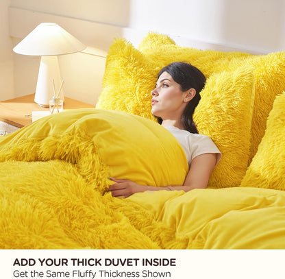 Fluffy Plush Yellow Comforter Cover Set, Luxury Ultra Soft Faux Fur Duvet Cover 3 Pieces (1 Fuzzy Duvet Cover + 2 Shaggy Pillowcases), Zipper Closure (Queen, Yellow)